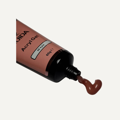 Quida Acrylgel 08 Kyla 60g tube met chocoladebruine gel die uit de opening komt