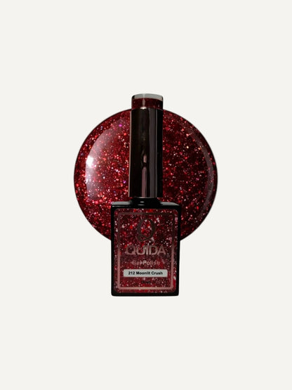 Quida Gelpolish 212 Moonlit Crush - diep bordeauxrood met warme rode glitter kleur swatch 15ml