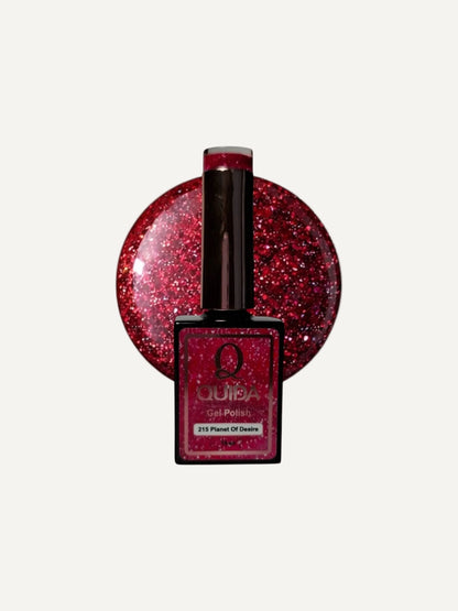 Quida Gelpolish 215 Planet Of Desire - warm frambozenrood met roze-rode glitter kleur swatch 15ml