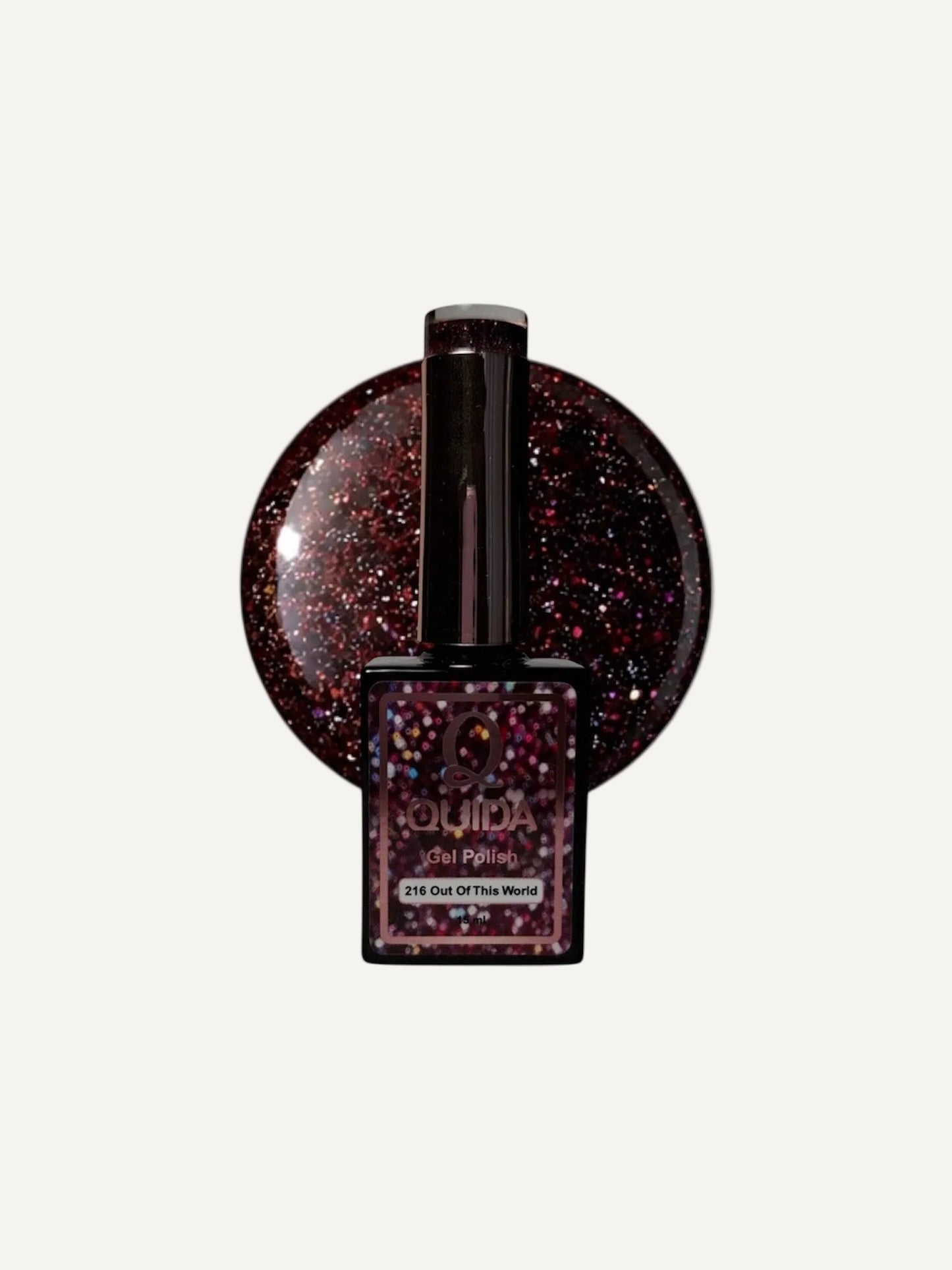 Quida Gelpolish 216 Out Of This World - diep pruimrood met bordeaux microglitter kleur swatch 15ml