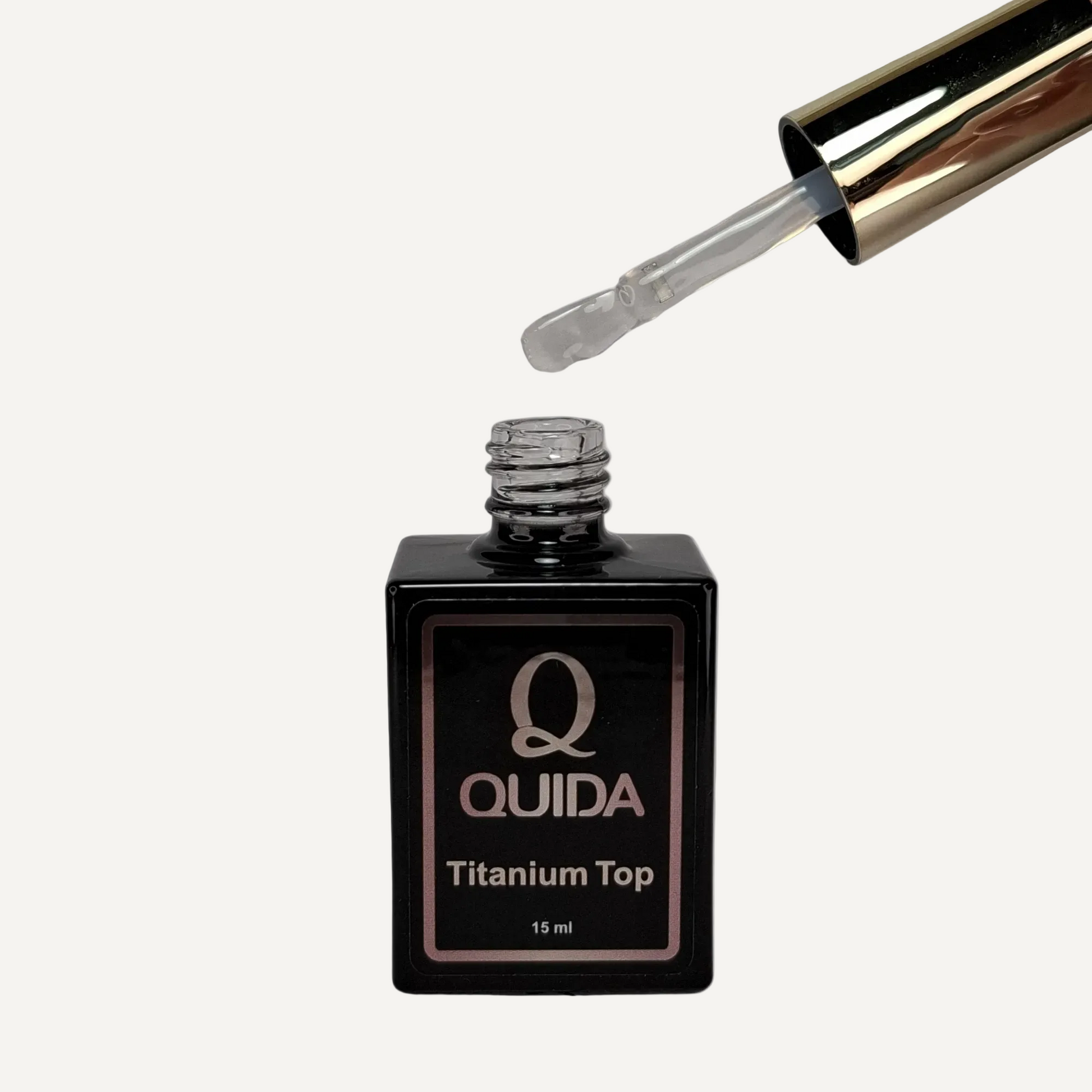 Quida Titanium Top No Wipe 15ml - flesje met penseel, glashelder no-wipe topcoat